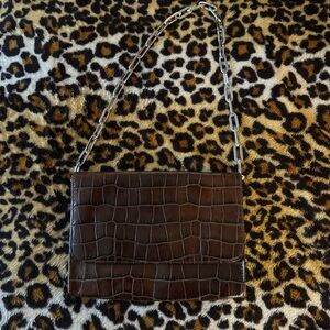 Brown Crocodile-Embossed Chain Shoulder Bag